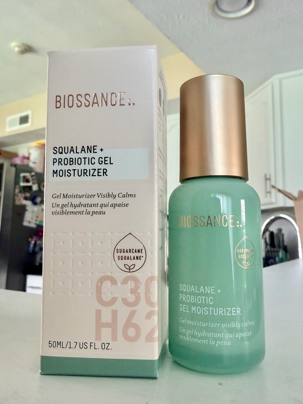 Biossance Squalane + Probiotic Gel Moisturizer — Mint Green with Rose Gold Cap